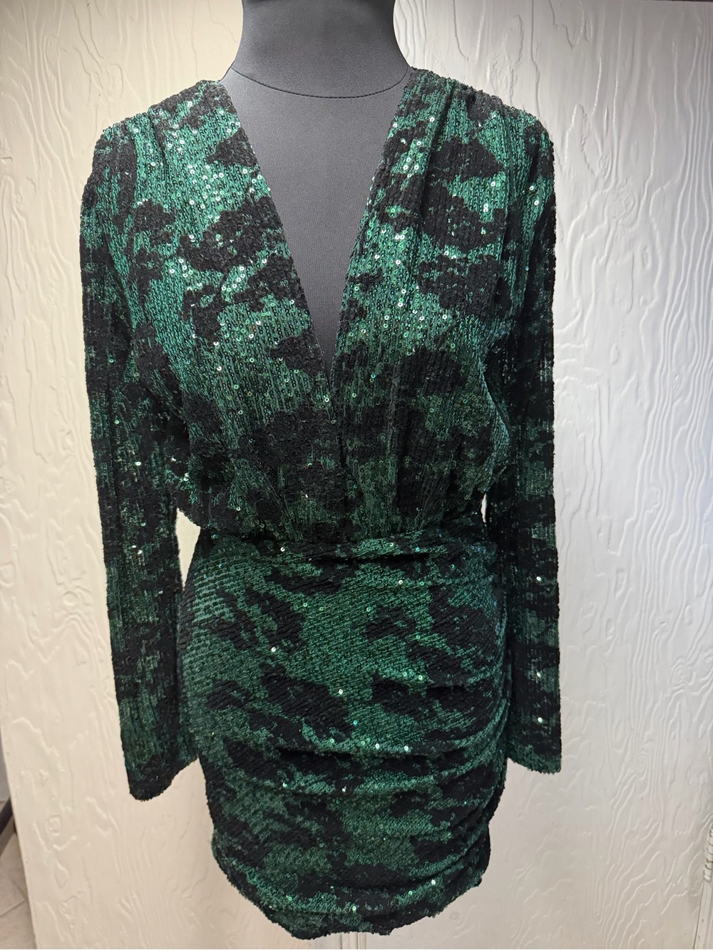 Maje Emerald Green Sequin V-Neck Long Sleeve Mini Dress